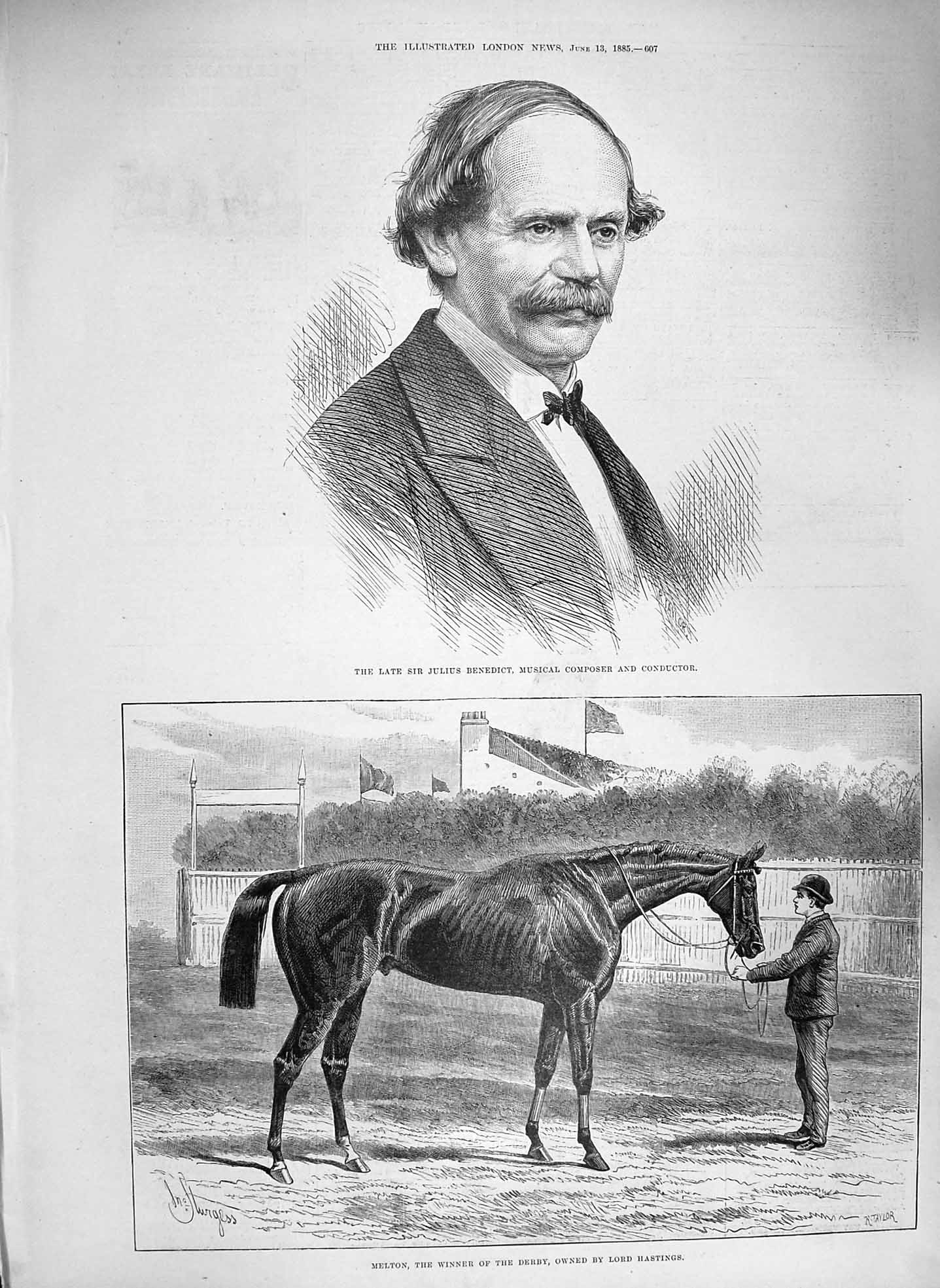 Original Old Antique Print 1885 Julius Benedict Composer Melton Horse Derby