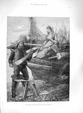 Old Antique Print 1885 Little Goods Care Fishing Boat Girl Nets Fine Art 19th