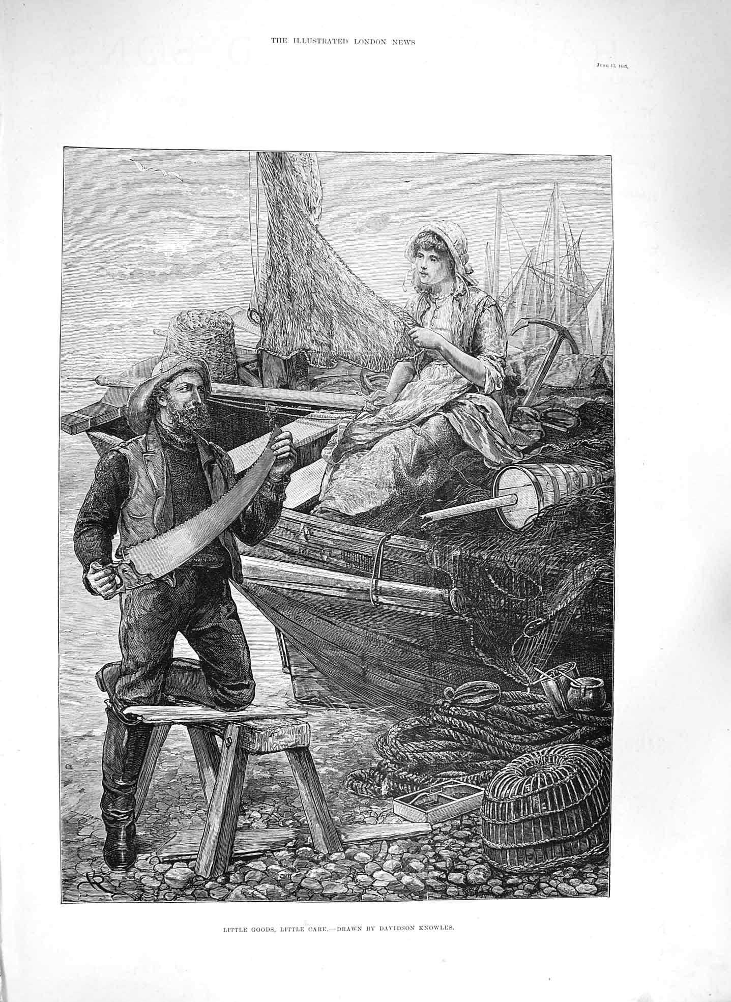 Old Antique Print 1885 Little Goods Care Fishing Boat Girl Nets Fine Art 19th