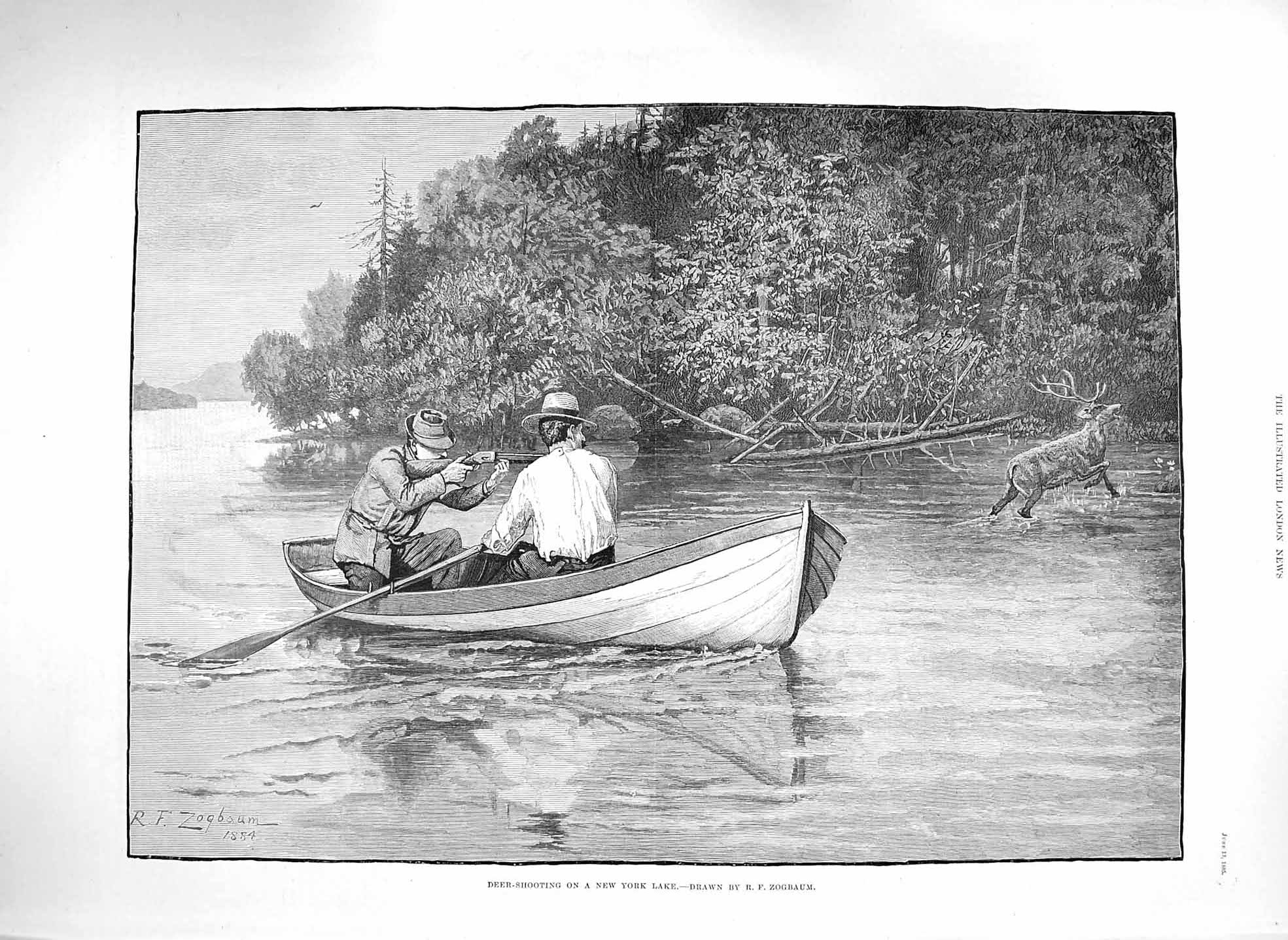 Old Antique Print 1885 Deer Shooting New York Lake America Hunting Sport 19th