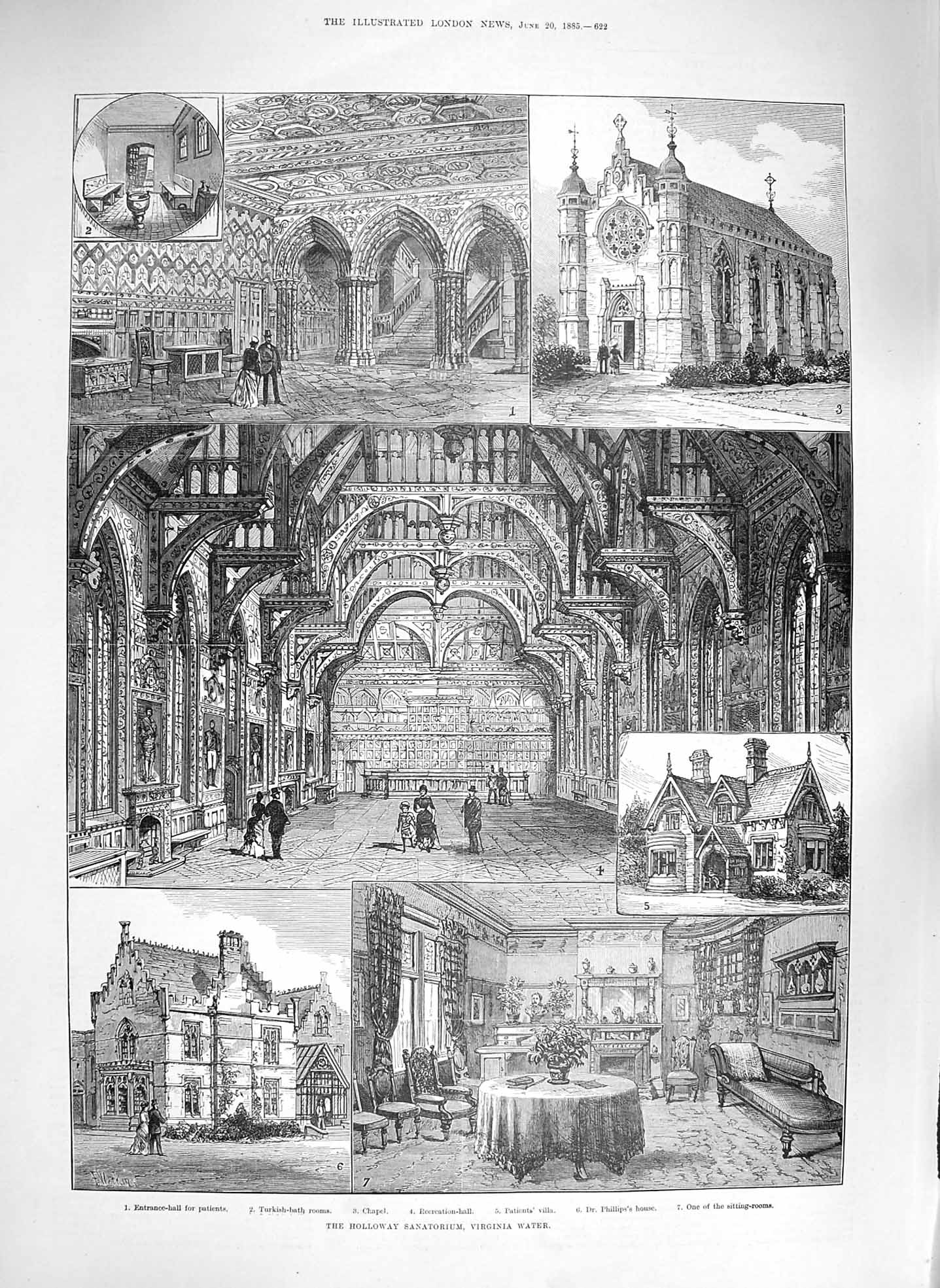 Original Old Antique Print 1885 Holloway Sanatorium Virginia Water Phillips 19th