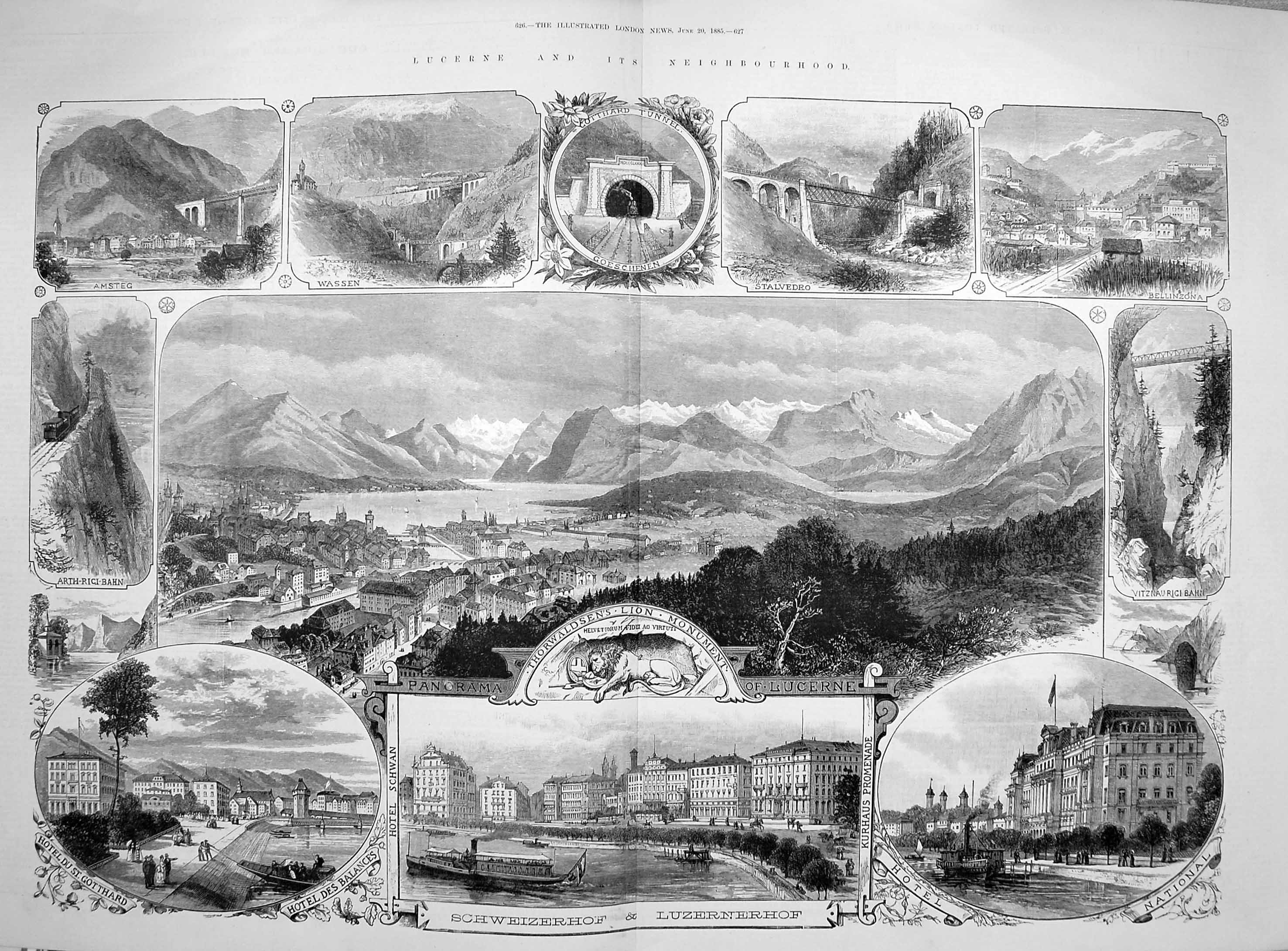Original Old Antique Print 1885 Lucerne Hotel Balances Thorwaldsen Luzernerh6
