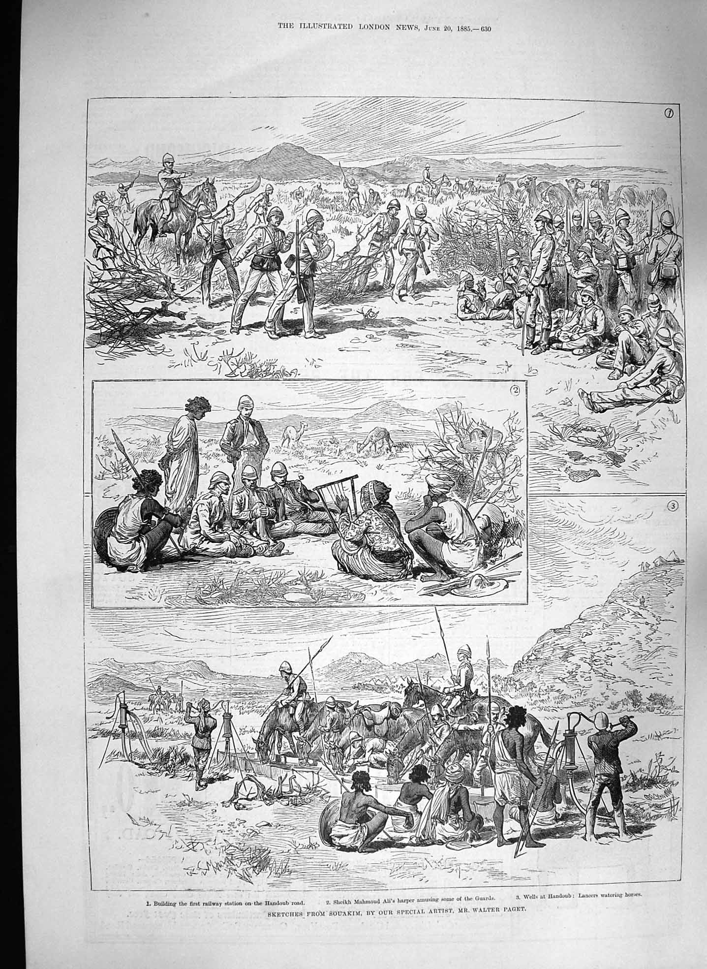 Original Old Antique Print 1885 Souakim Railway Handoub Sheikh Mahmoud Harper