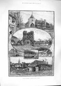 Original Old Antique Print 1885 Kentish Village Otford Church Becket Well 19th