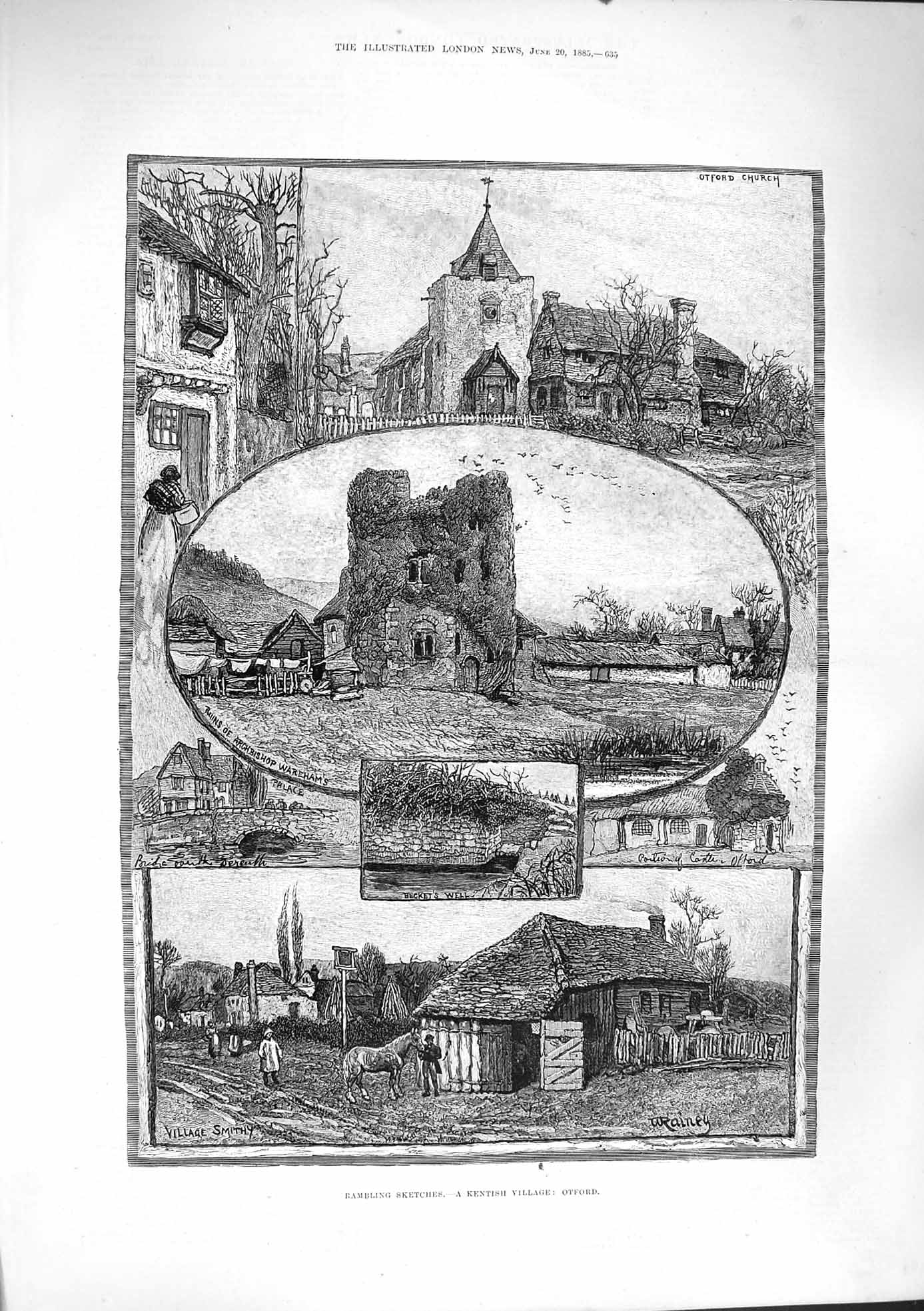 Original Old Antique Print 1885 Kentish Village Otford Church Becket Well 19th