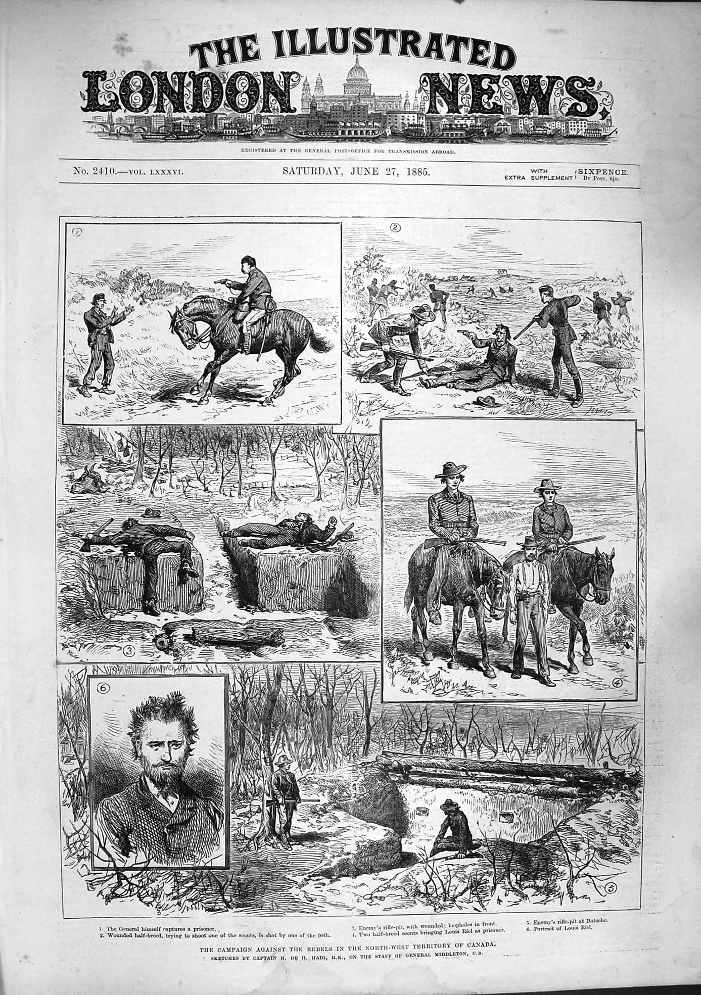 Original Old Antique Print 1885 Rebels Canada General Prisoner Louis Riel 19th