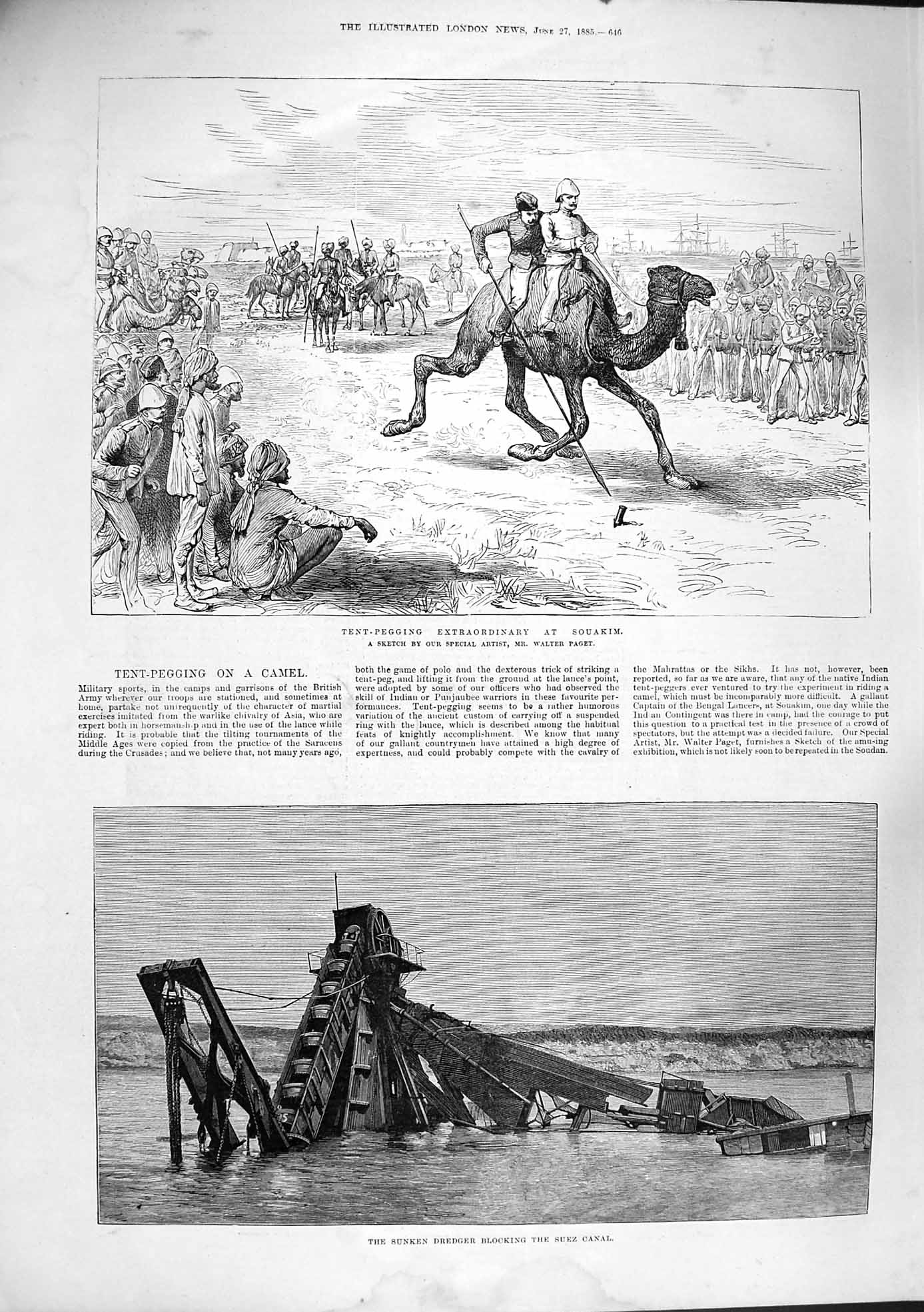Original Old Antique Print 1885 Tent Pegging Souakim Sunken Dredger Suez Canal