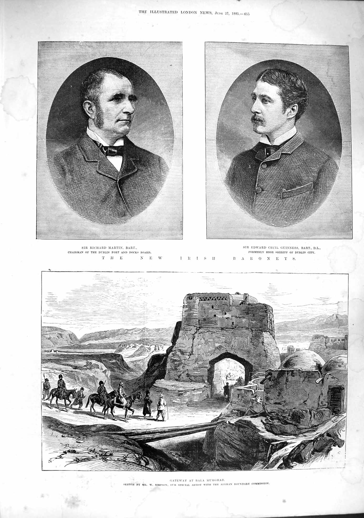 Old Antique Print 1885 Irish Baronets Martin Guiness Gateway Bala Murghab 19th