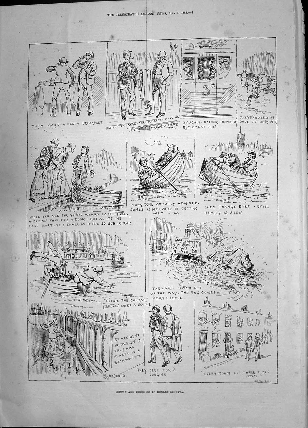 Original Old Antique Print Brown Jones Henley Regatta River Boats Comedy 1885