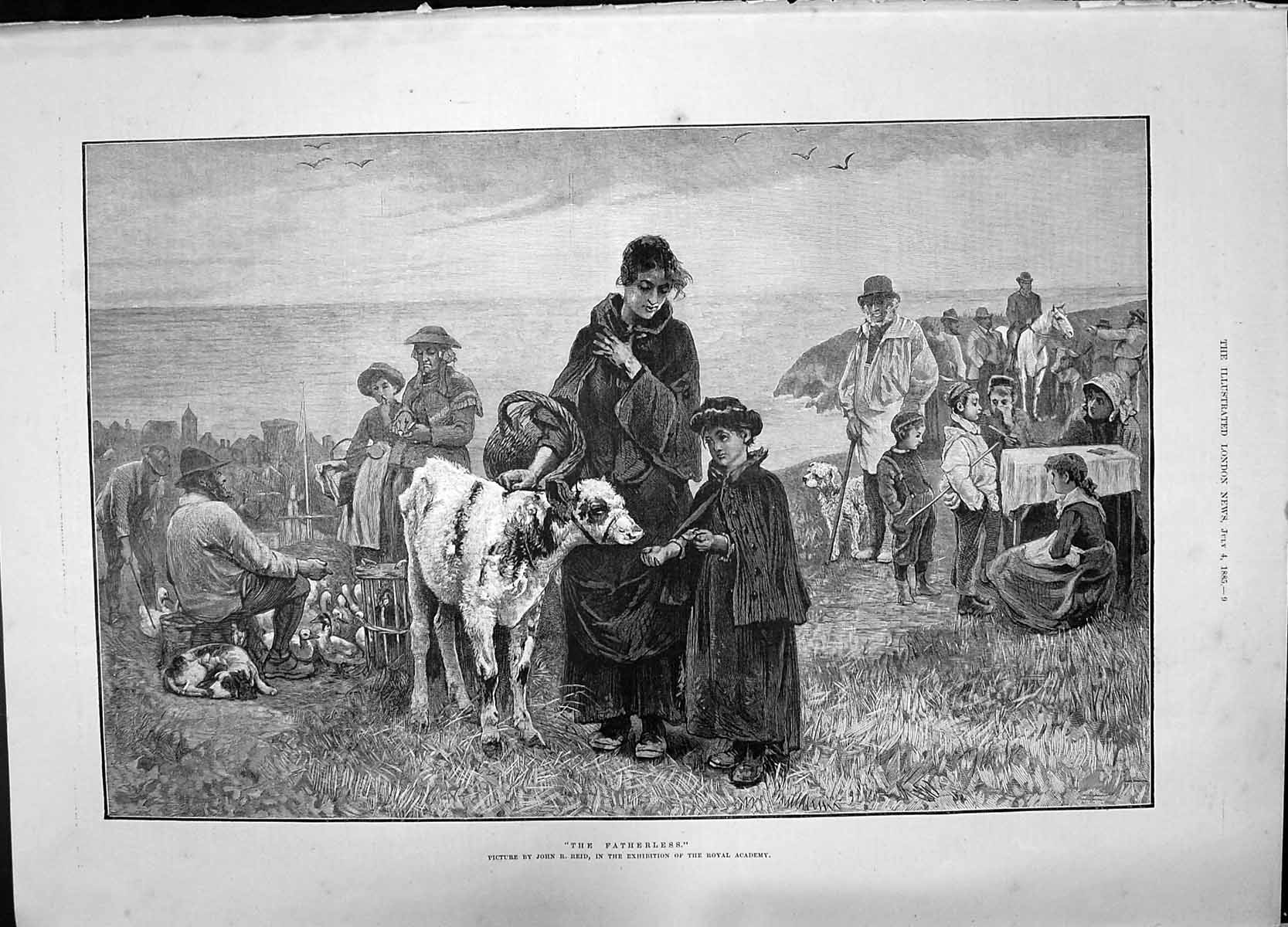 Antique Print 1885 Fatherless Animals Calf Dog Ducks Dog Children John Reid