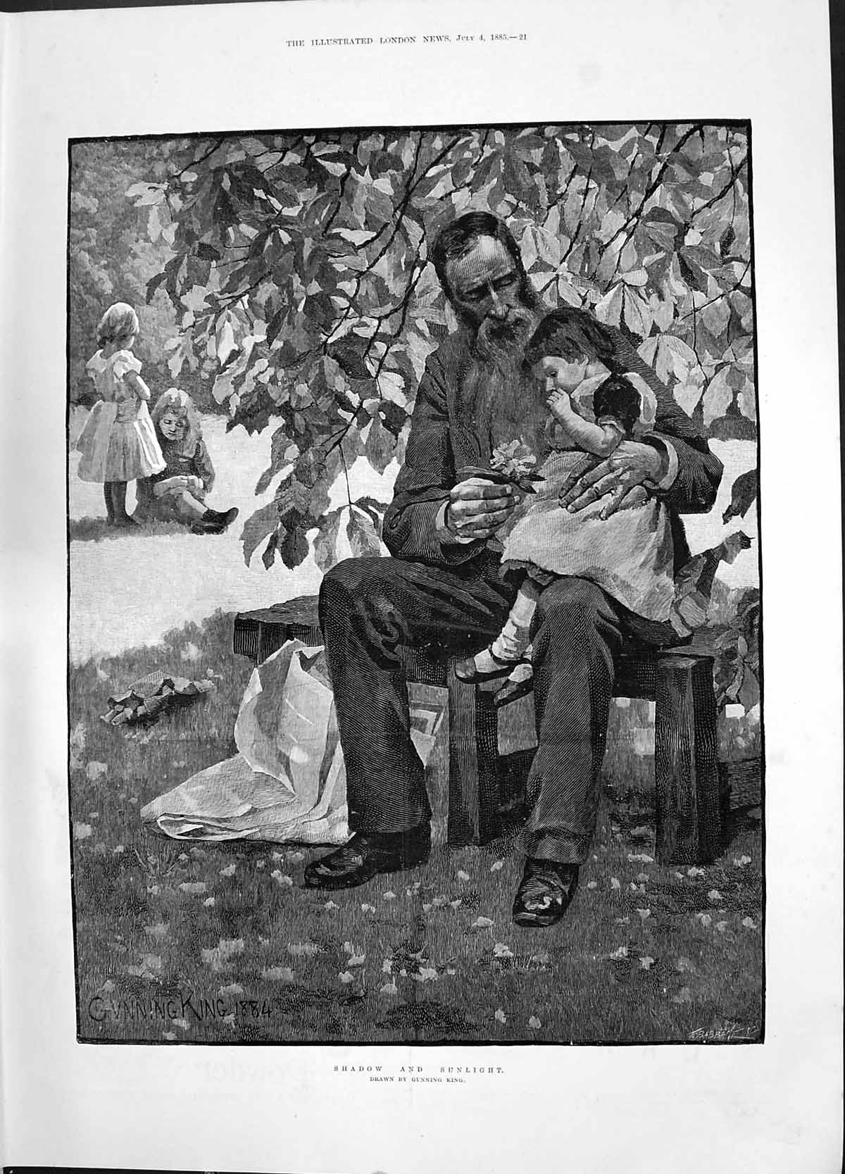 Antique Print 1885 Shadow Sunlight Man Young Girl Trees Gardens Gunning Kin
