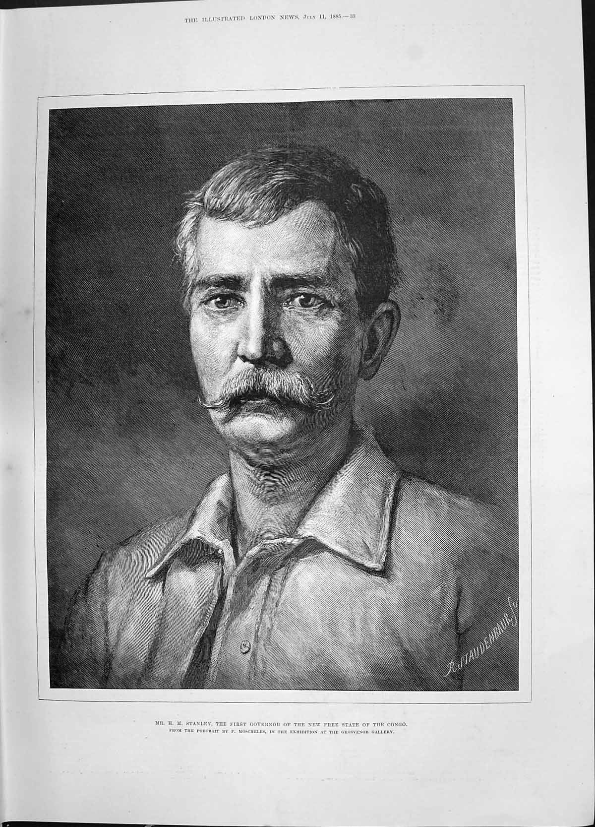 Antique Old Print 1885 Portrait Stanley Governor New Free State Congo Africa