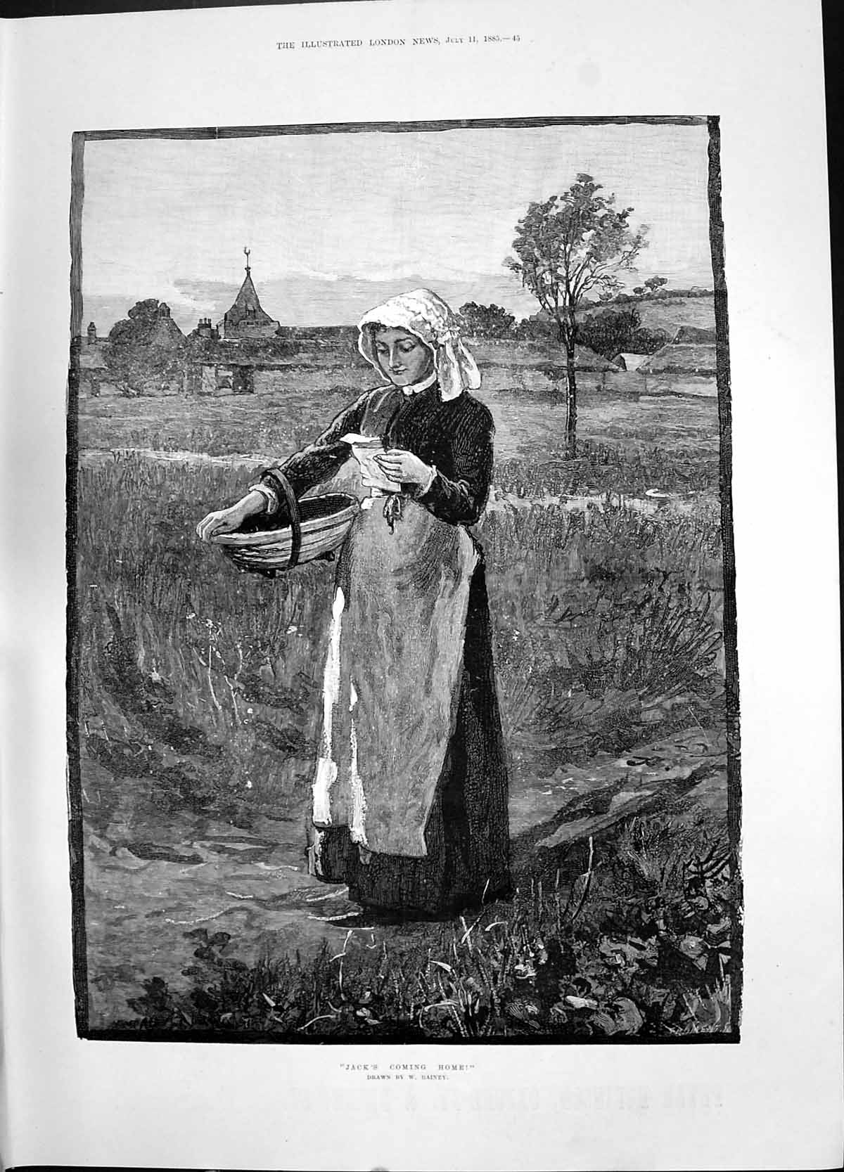 Antique Old Print Rainey 1885 Jack'S Coming Home Young Woman Reading Letter