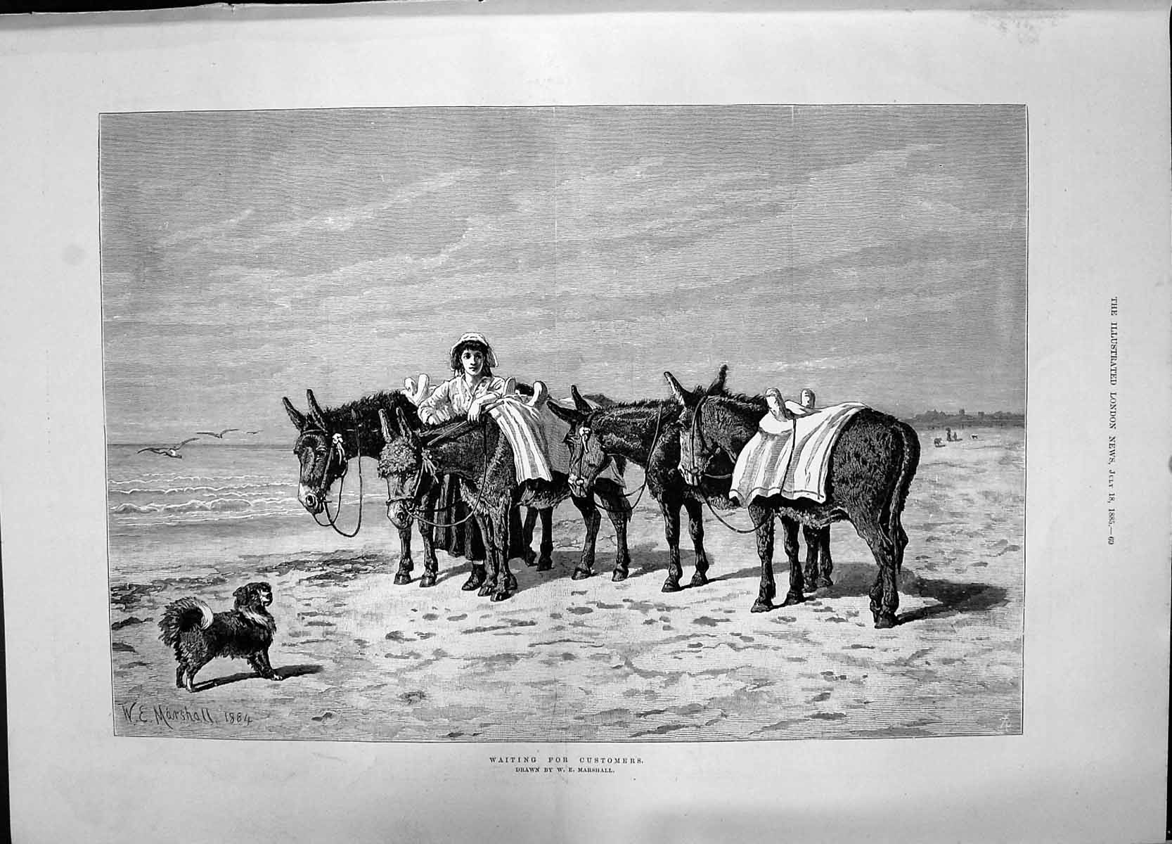 Original Old Antique Print 1885 Donkey Rides Beach Waiting Customers Amusements