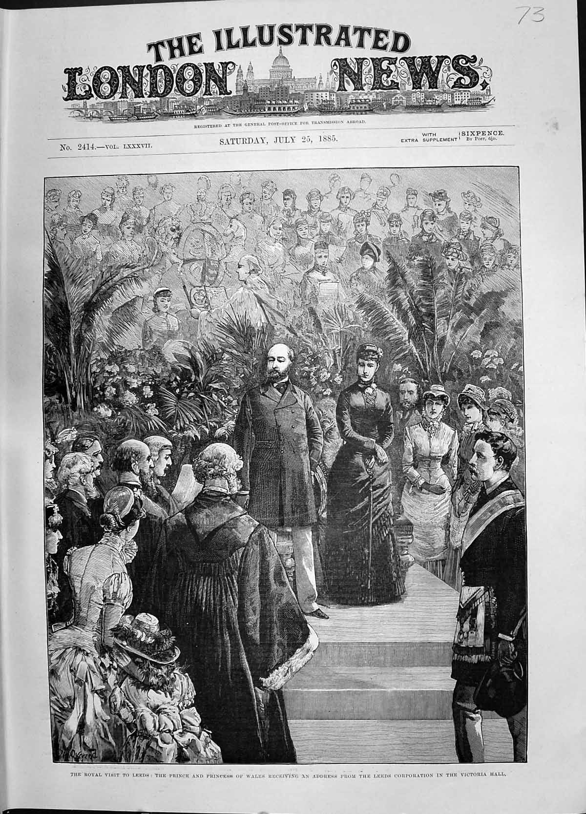 Antique Old Print 1885 Prince Princess Wales Leeds Corporation Victoria Hall