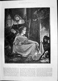 Antique Old Print 1885 Hope Memory Christmas Holly Girl Fireplace Sainsbury