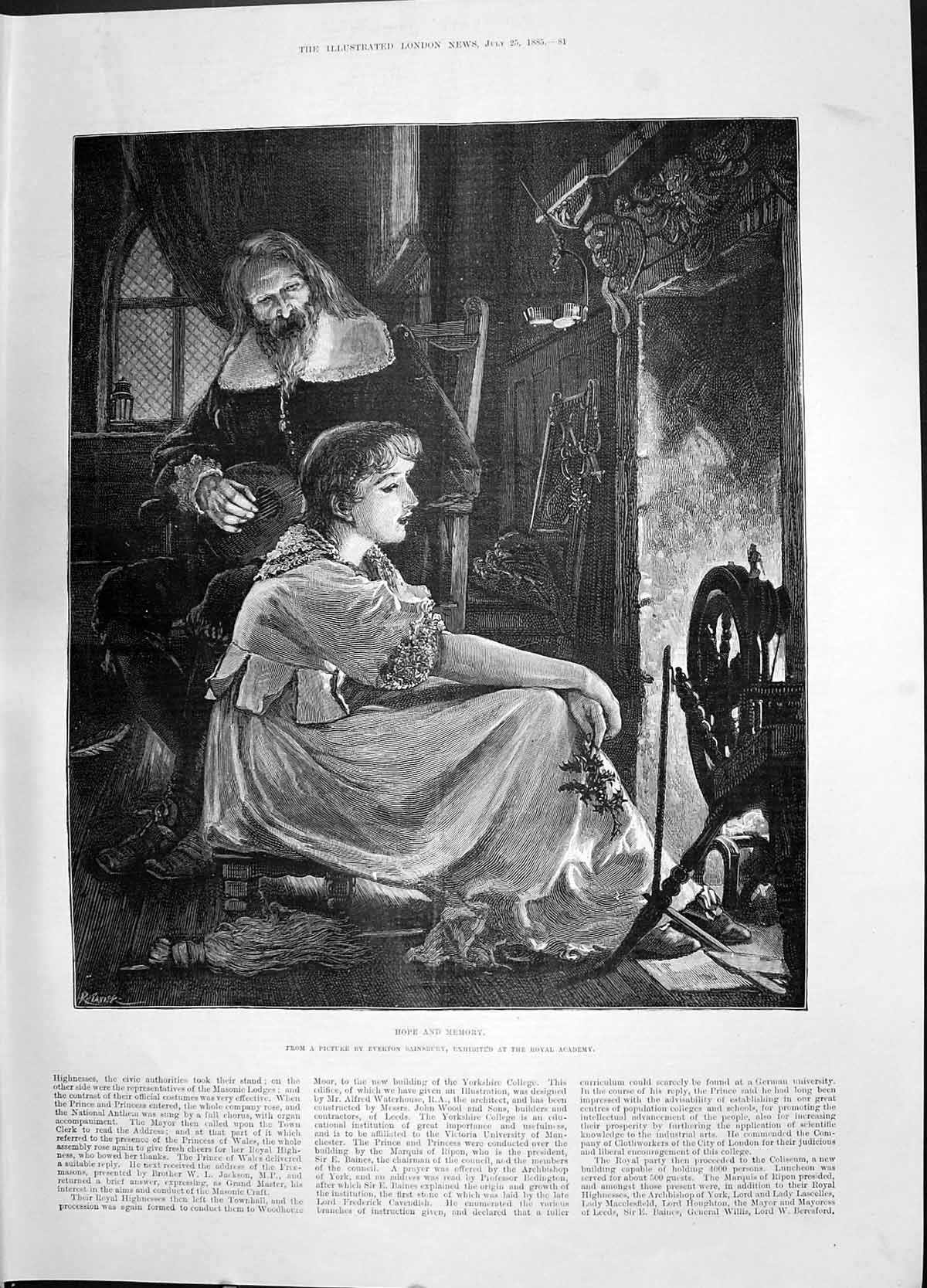 Antique Old Print 1885 Hope Memory Christmas Holly Girl Fireplace Sainsbury