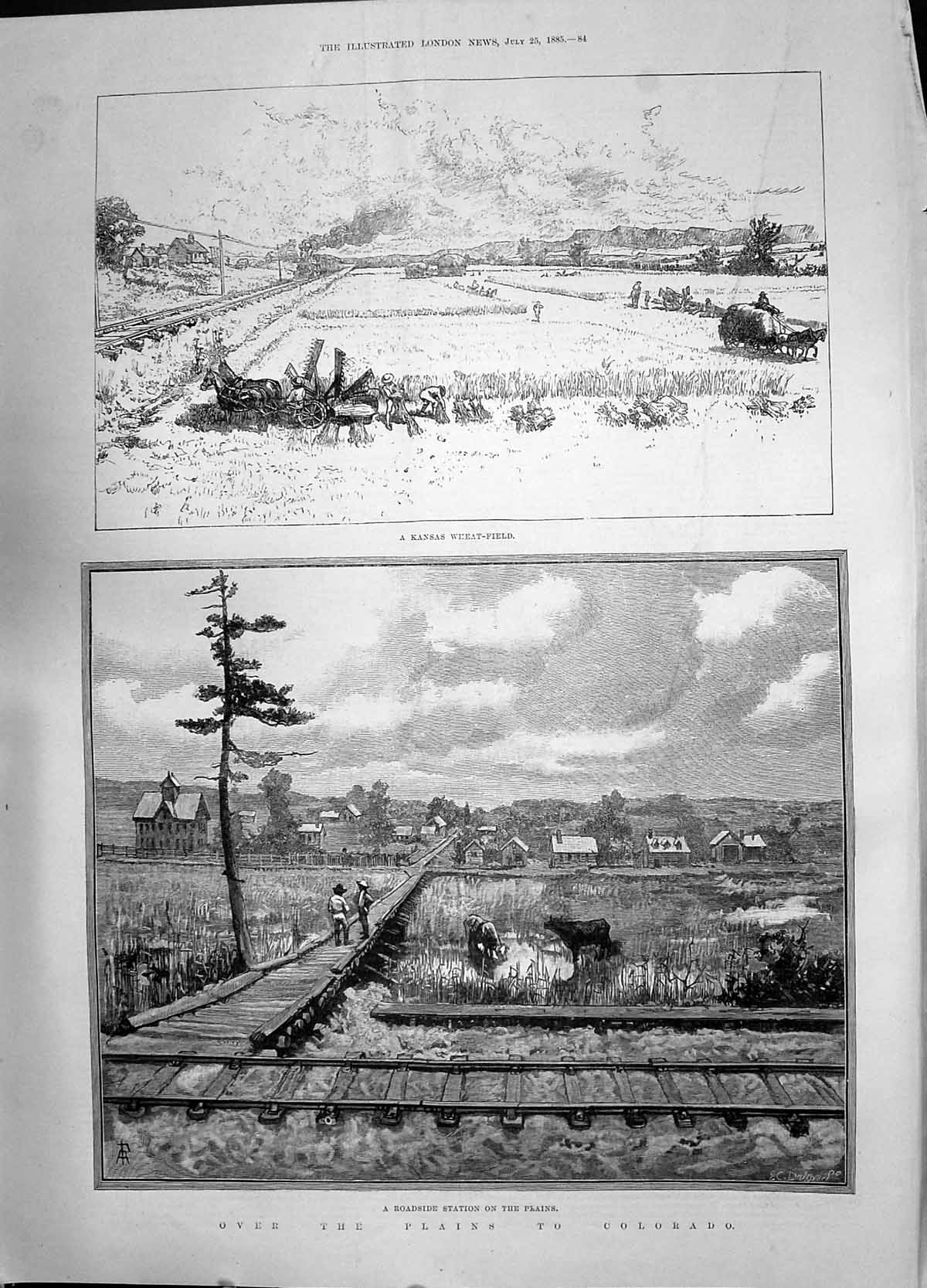 Antique Old Print 1885 Kansas Wheat Field Roadside Railway Plains Colorado 19th