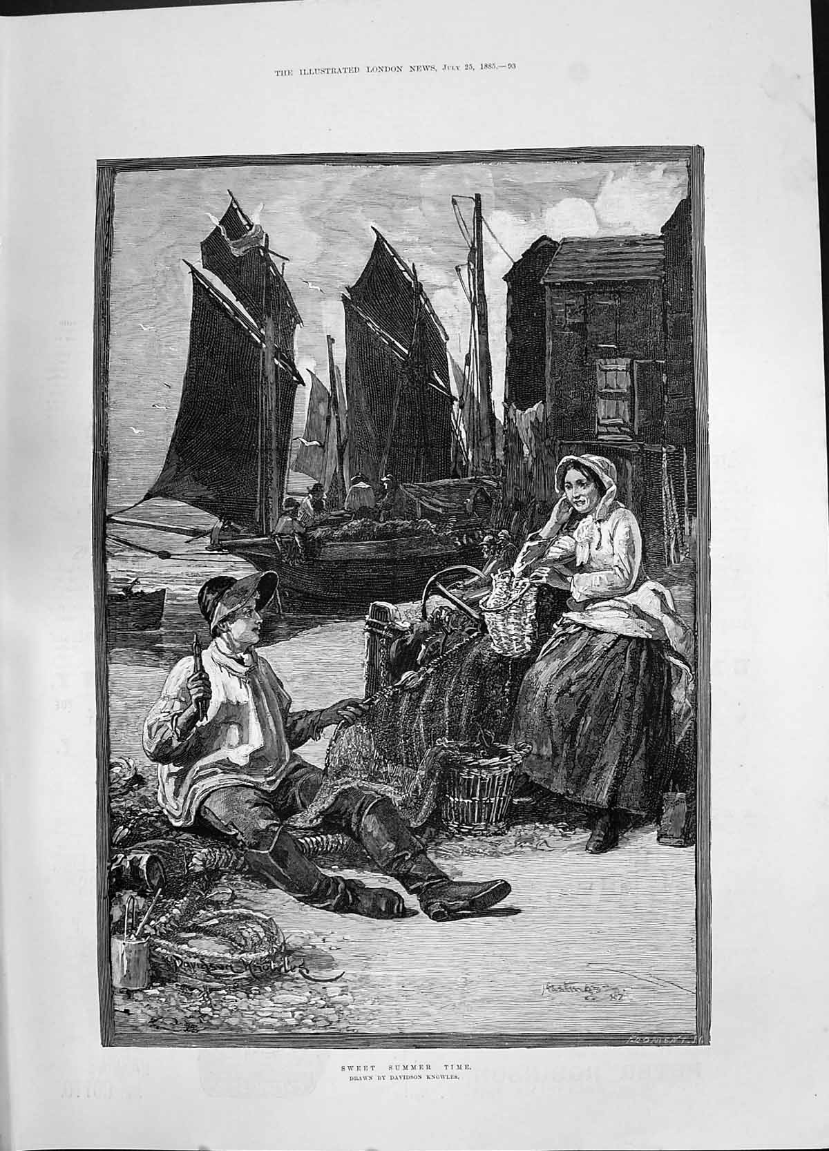 Antique Old Print 1885 Sweet Summer Time Fishing Boats Romance Nets Knowles