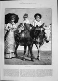 Original Old Antique Print 1885 Morning Ride Donkey Beach Children Amusements