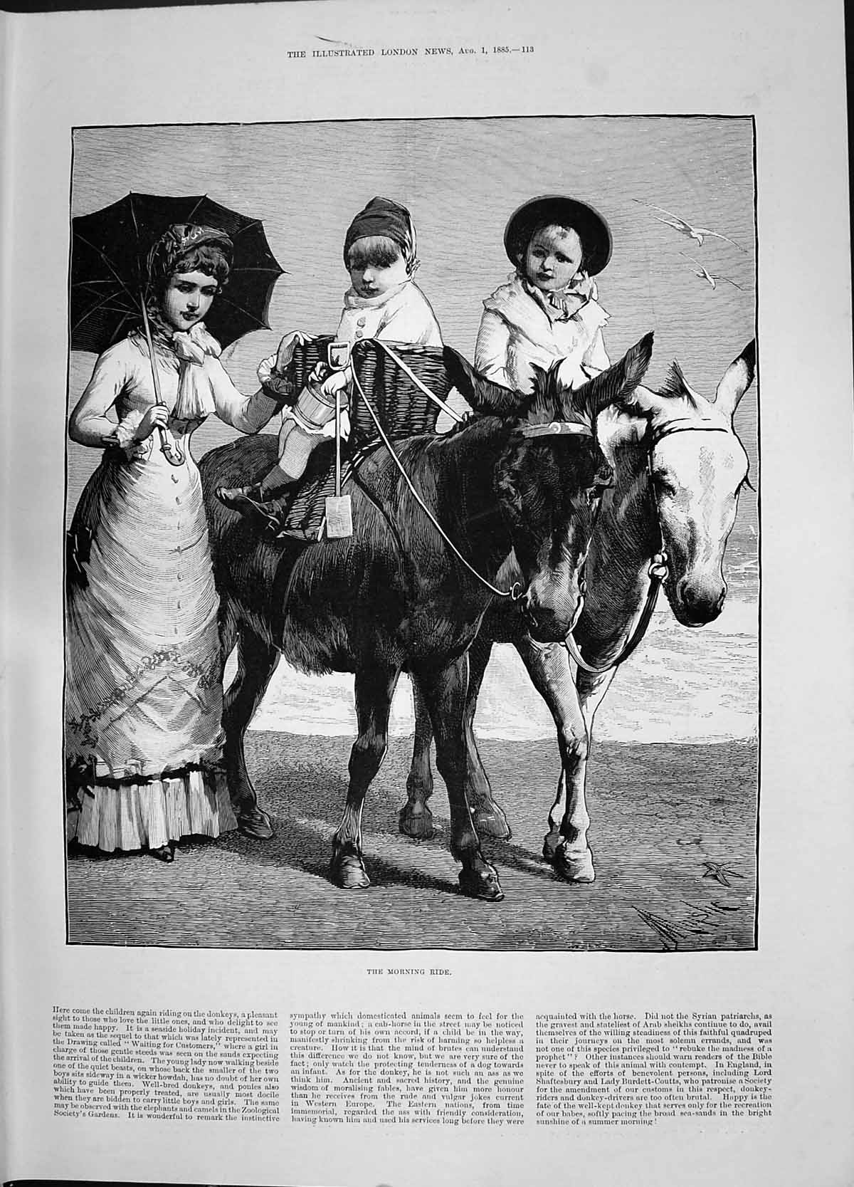 Original Old Antique Print 1885 Morning Ride Donkey Beach Children Amusements