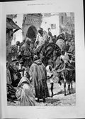 Original Old Antique Print Overend 1885 Street Scene Tangier Africa Horses 19th