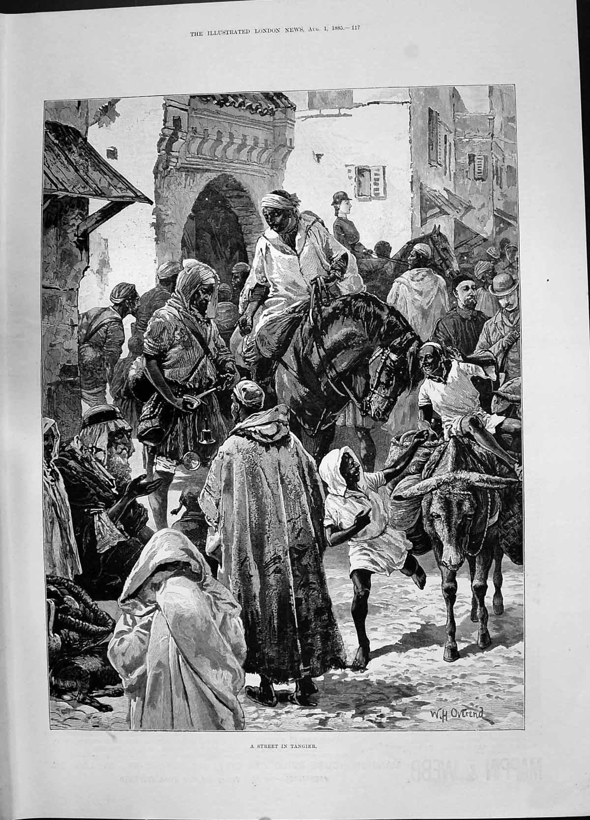 Original Old Antique Print Overend 1885 Street Scene Tangier Africa Horses 19th