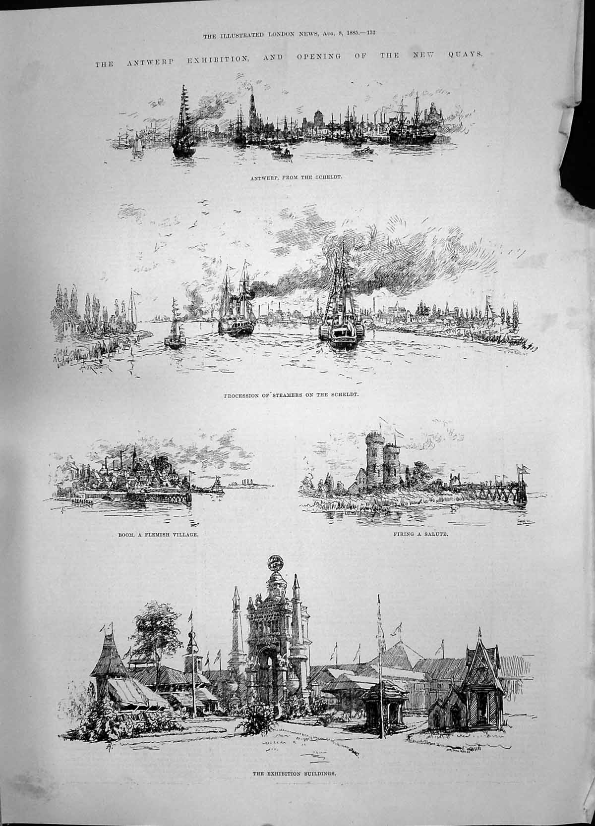 Antique Print 1885 Exhibition Buildings Antwerp Steamers Ship Scheldt Boom 19th