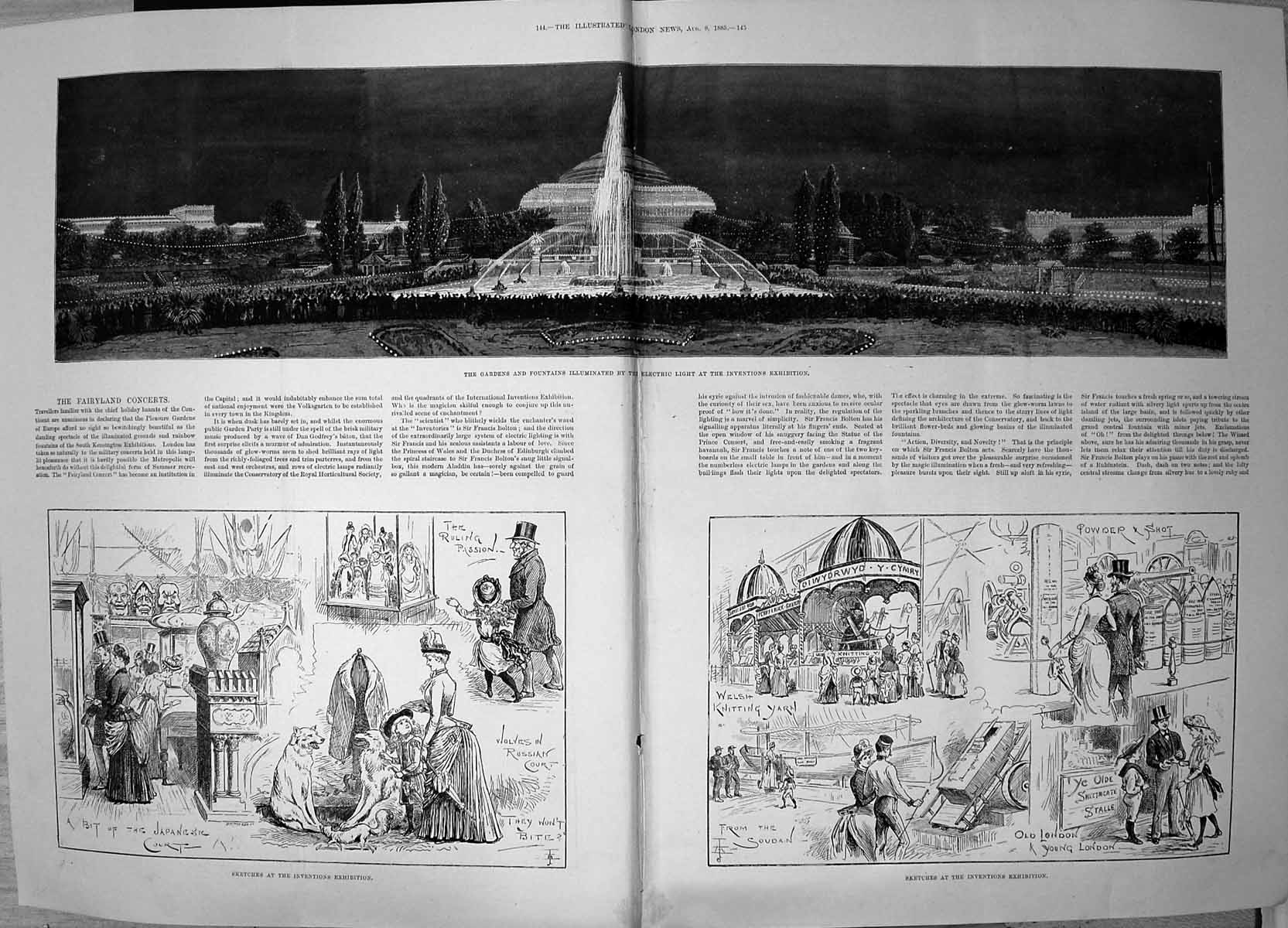 Antique Print 1885 Gardens Fountains Electric Light Inventions Exhibition 19th