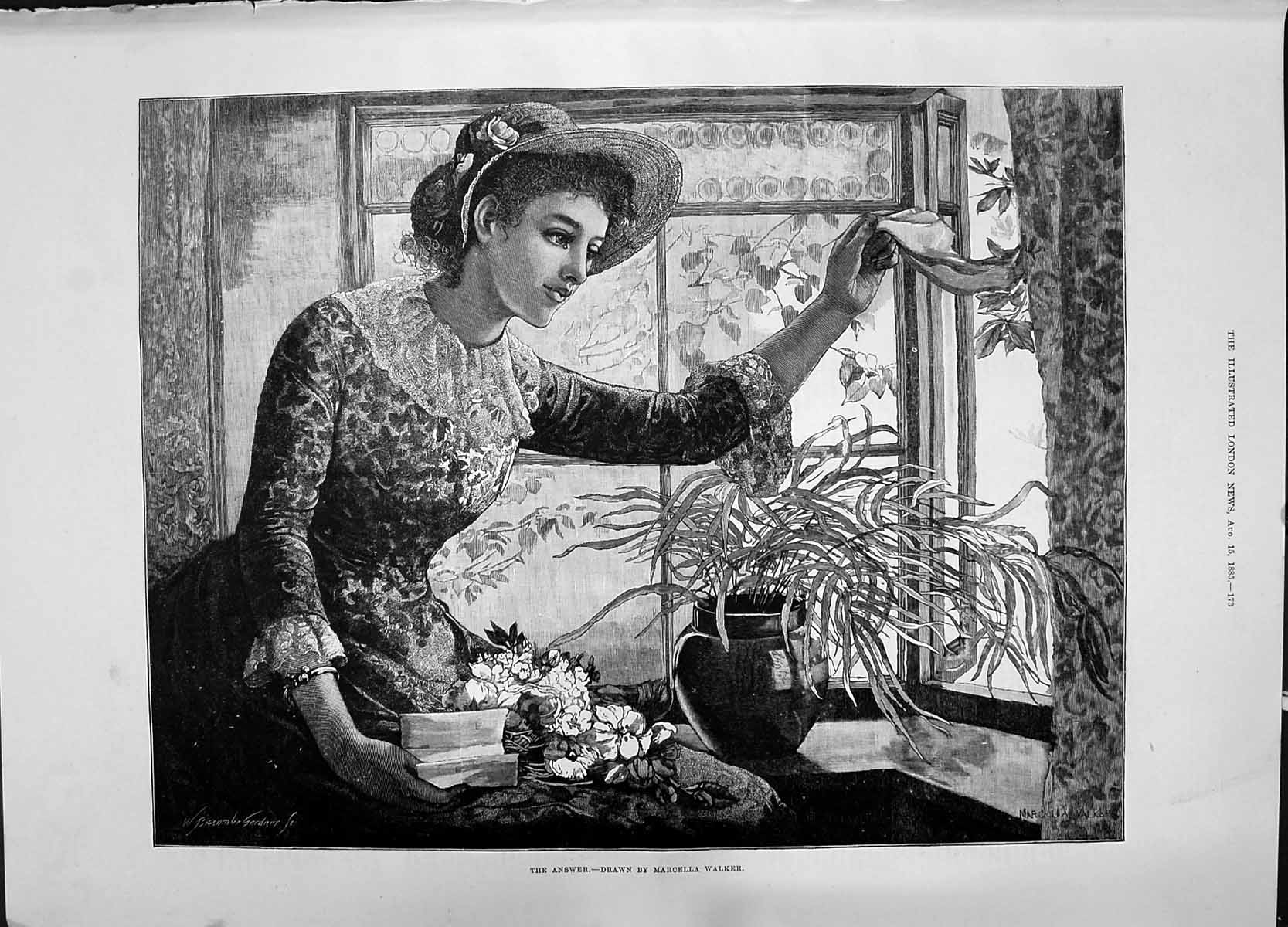 Old 1885 Beautiful Lady House Window Waving Hankerchief Answer Walker Victorian