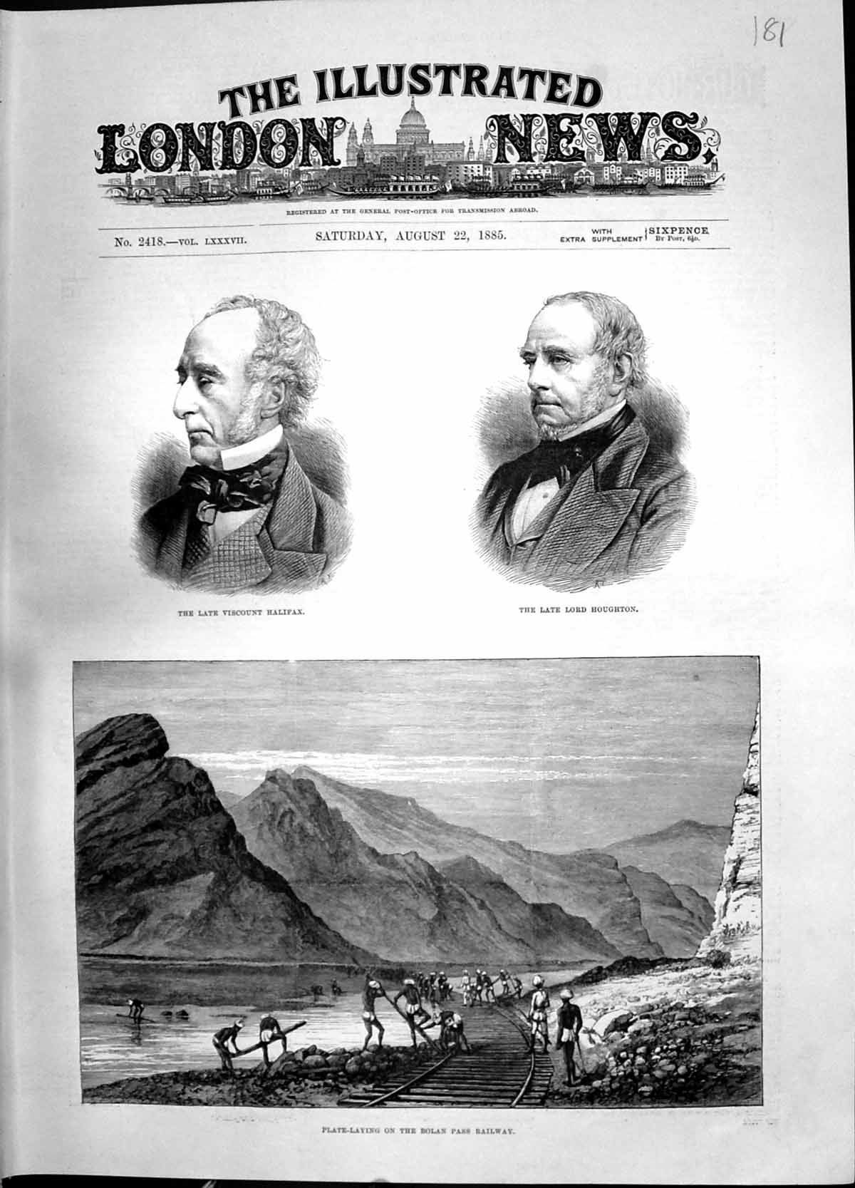 Old 1885 Viscount Halifax Lord Houghton Plate-Laying Bolan Pass Railw Victorian