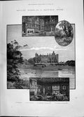 Antique Old Print 1885 Hatfield House England Architecture Lea River Vineyard