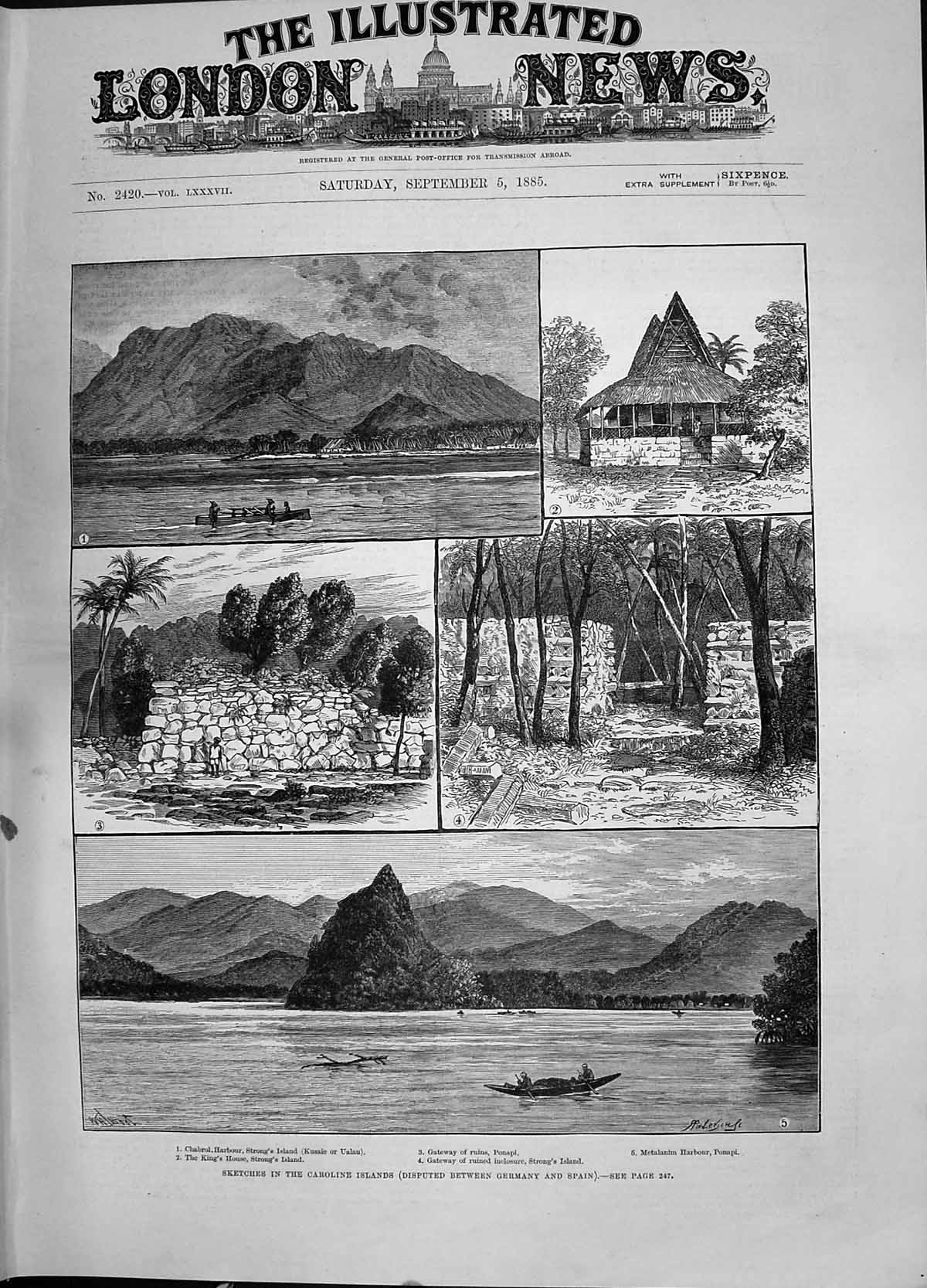 Old 1885 Caroline Islands Chabrol Harbour Ponapi Metalanim King'S Hou Victorian