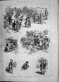Old Antique Print 1885 Day Country Heather Luncheon Girls Race Ladybird 19th