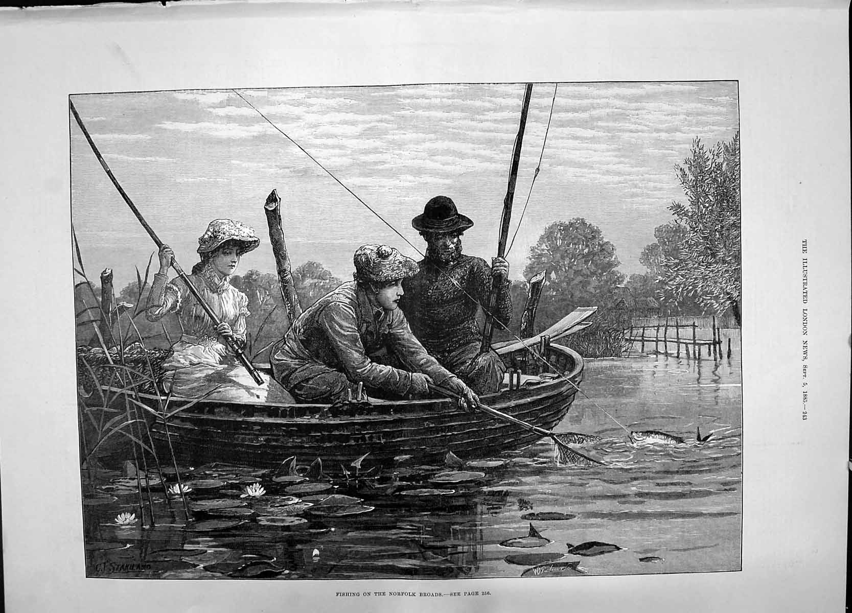 Original Old Antique Print 1885 Fishing Norfolk Broads River Boat Staniland