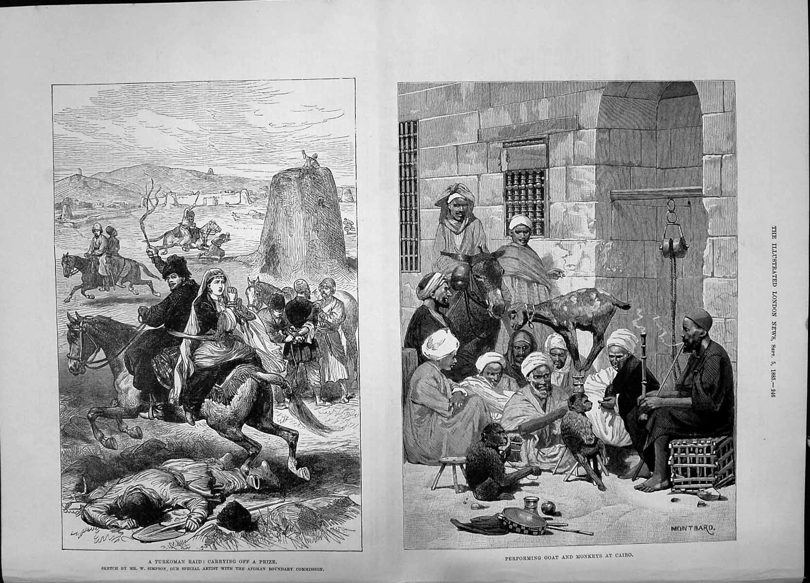 Old Antique Print 1885 Turkoman Raid Performing Goat Monkeys Cairo Egypt 19th