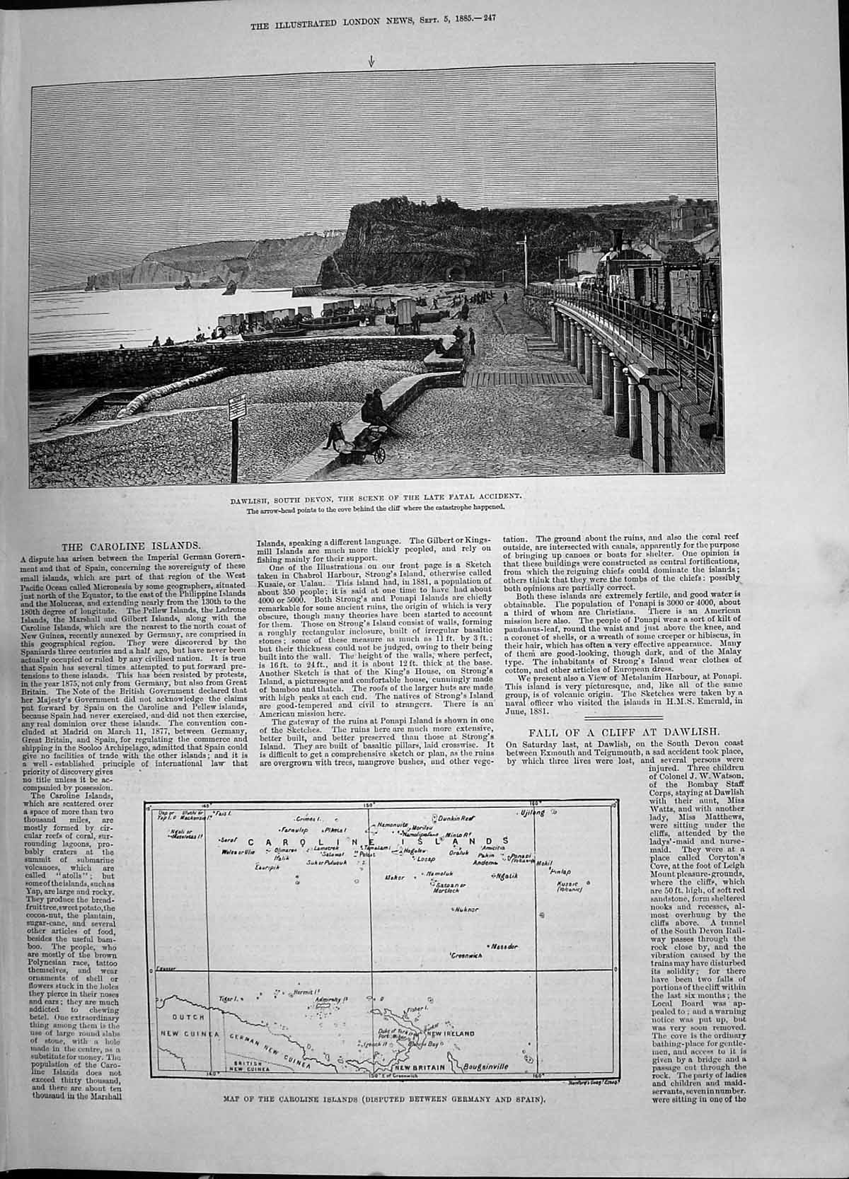 Antique Old Print 1885 Dawlish South Devon Map Caroline Islands Germany Spain