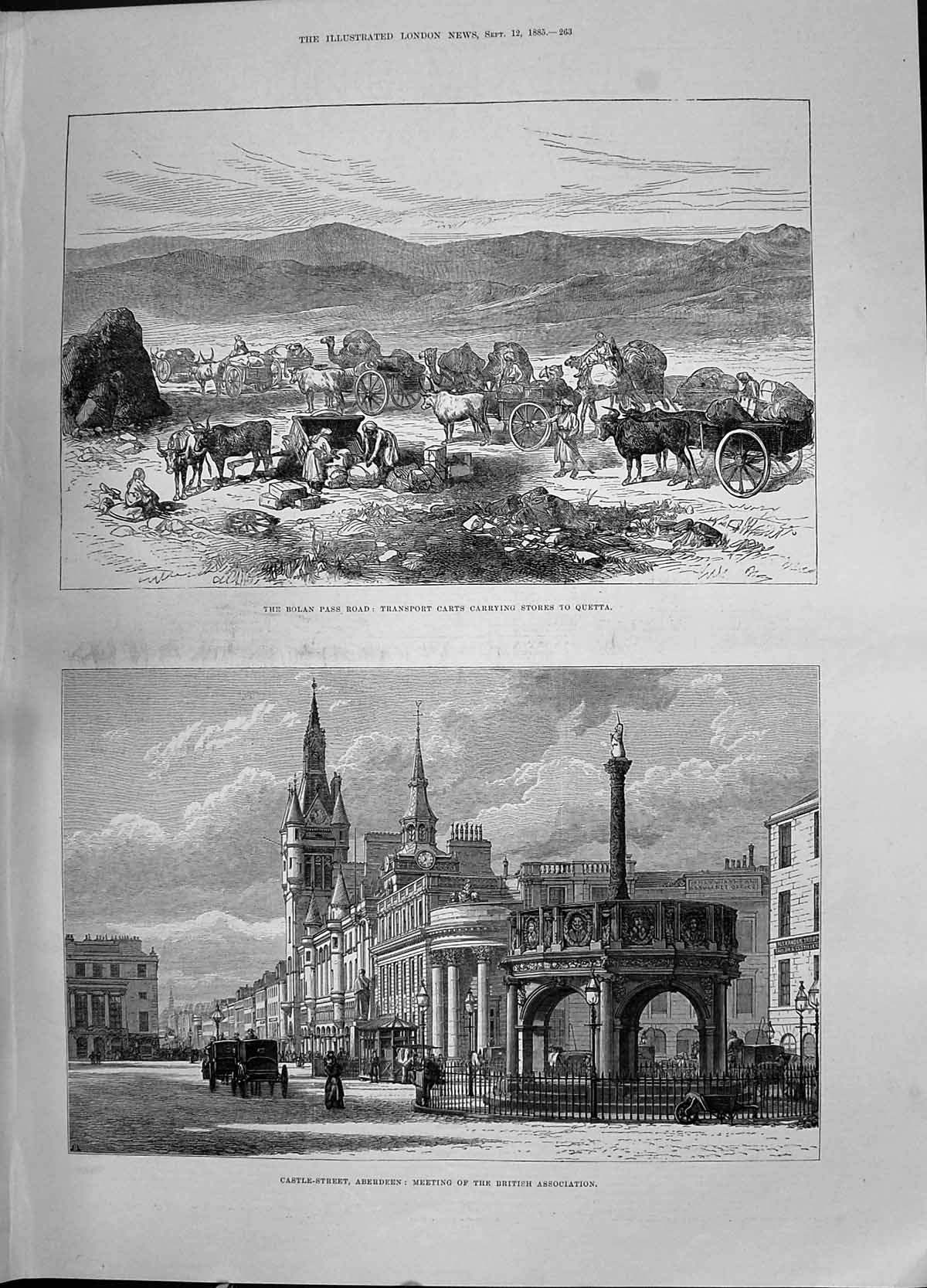Antique Print 1885 Bolan Pass Transport Carts Quetta Castle Street Aberdeen