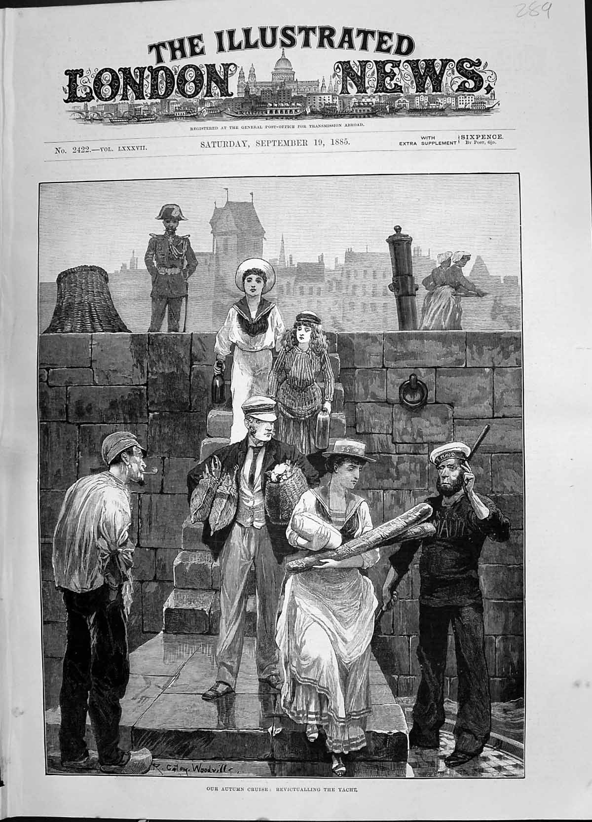 Old Print 1885 Autumn Cruise Revictualling Yacht Family Day Out Woodville 19th