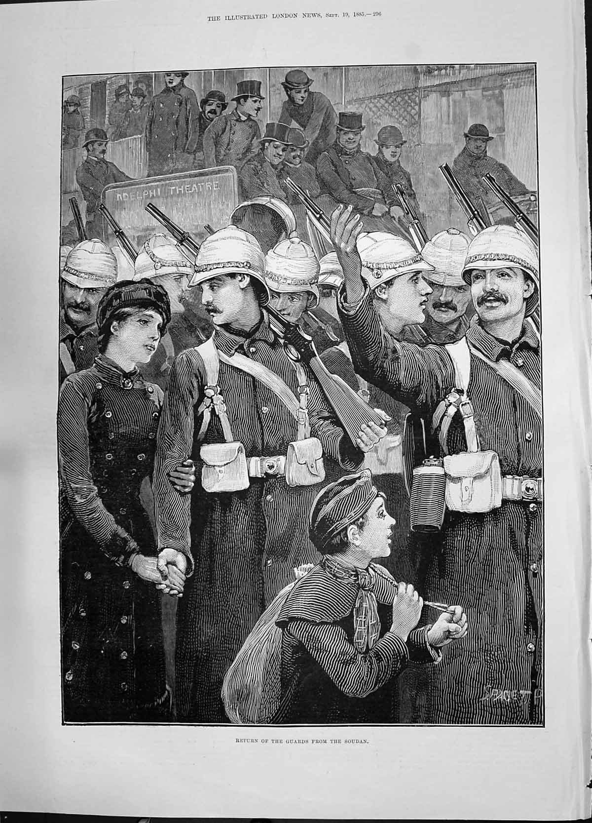 Original Old Antique Print 1885 Return Guards Siers War Soudan Procession 19th