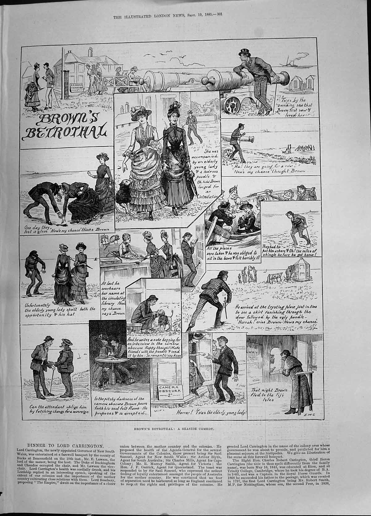 Antique Old Print 1885 Brown'S Betrothal Seaside Comedy Story Illustration 19th