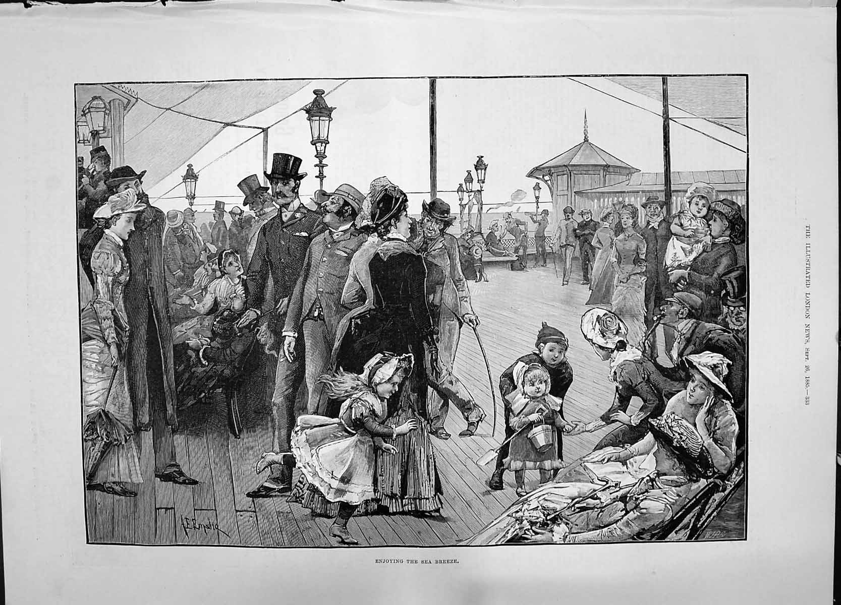 Antique Old Print 1885 Pier Promenade Tourists Enjoying Sea Breeze Children