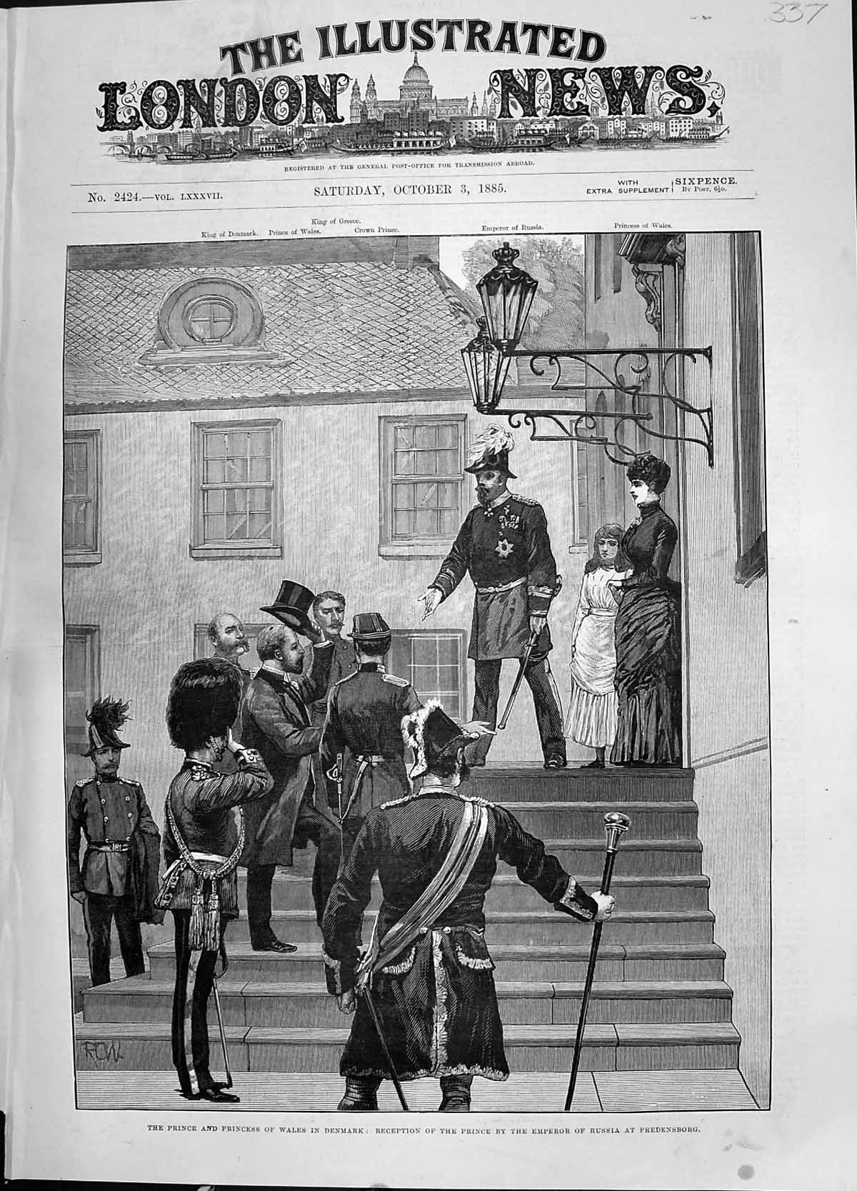 Old Print 1885 Prince Wales Denmark Reception Emperor Russia Fredensborg 19th