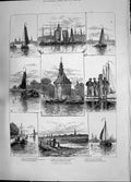 Old Print 1885 Cruise Zuider Zee Tower Hoorn Amsterdam Yessel Yacht Ferry 19th