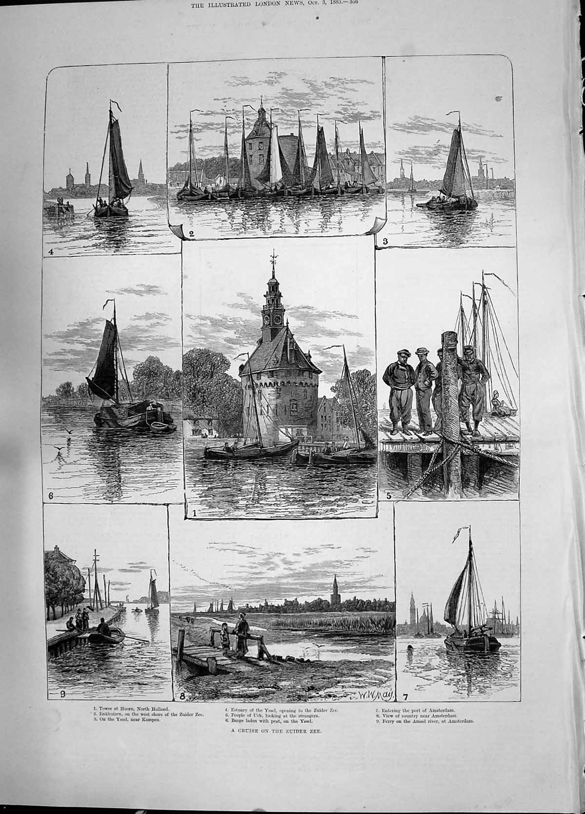 Old Print 1885 Cruise Zuider Zee Tower Hoorn Amsterdam Yessel Yacht Ferry 19th