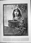 Original Old Antique Print 1885 Beautiful Girl Blackberries Basket Trees 19th