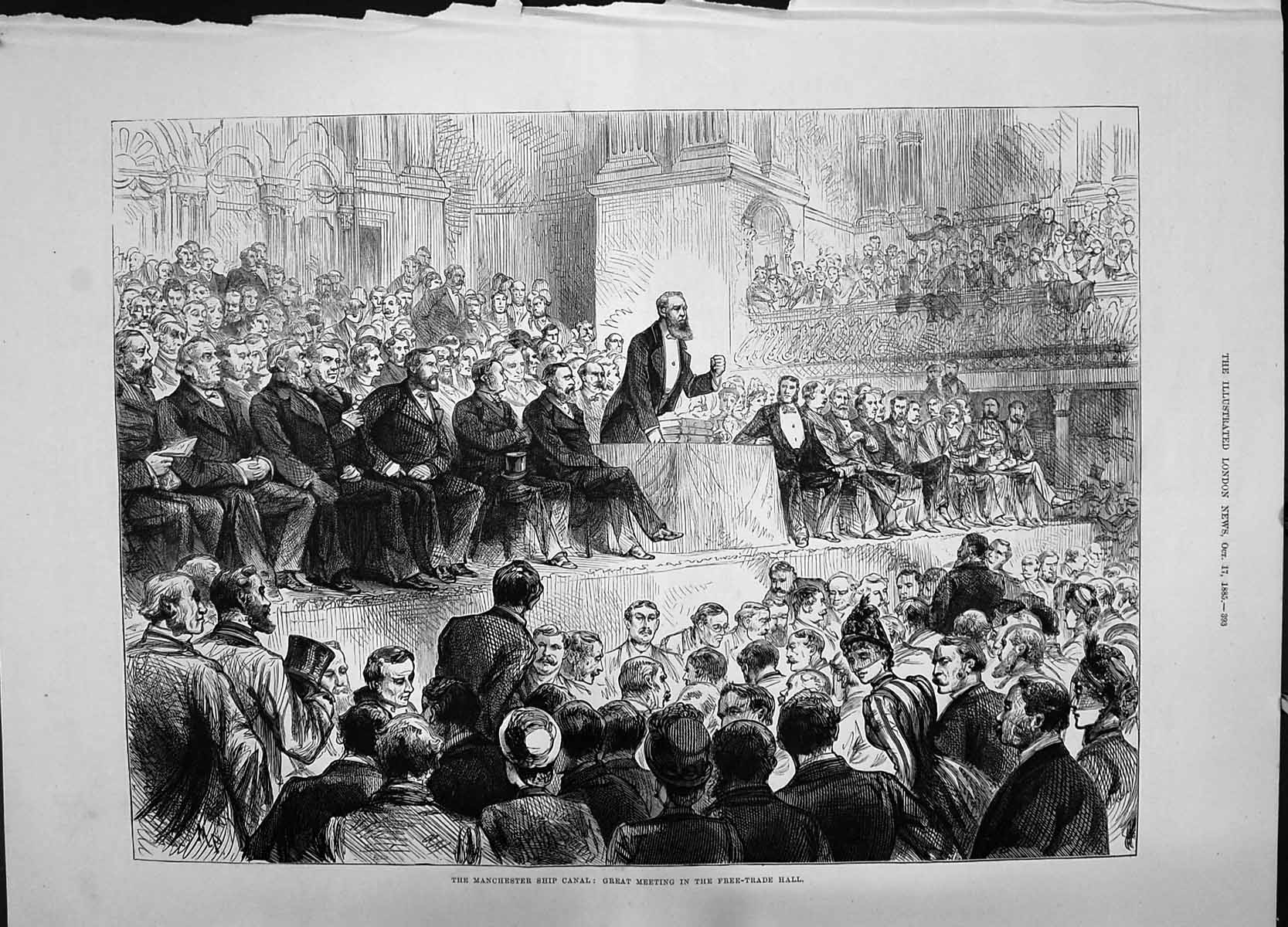 Antique Old Print 1885 Manchester Ship Canal Great Meeting Free-Trade Hall 19th