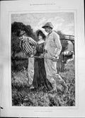 Original Old Antique Print 1885 Rivals Lady Romance River Boat Percy Tarrant