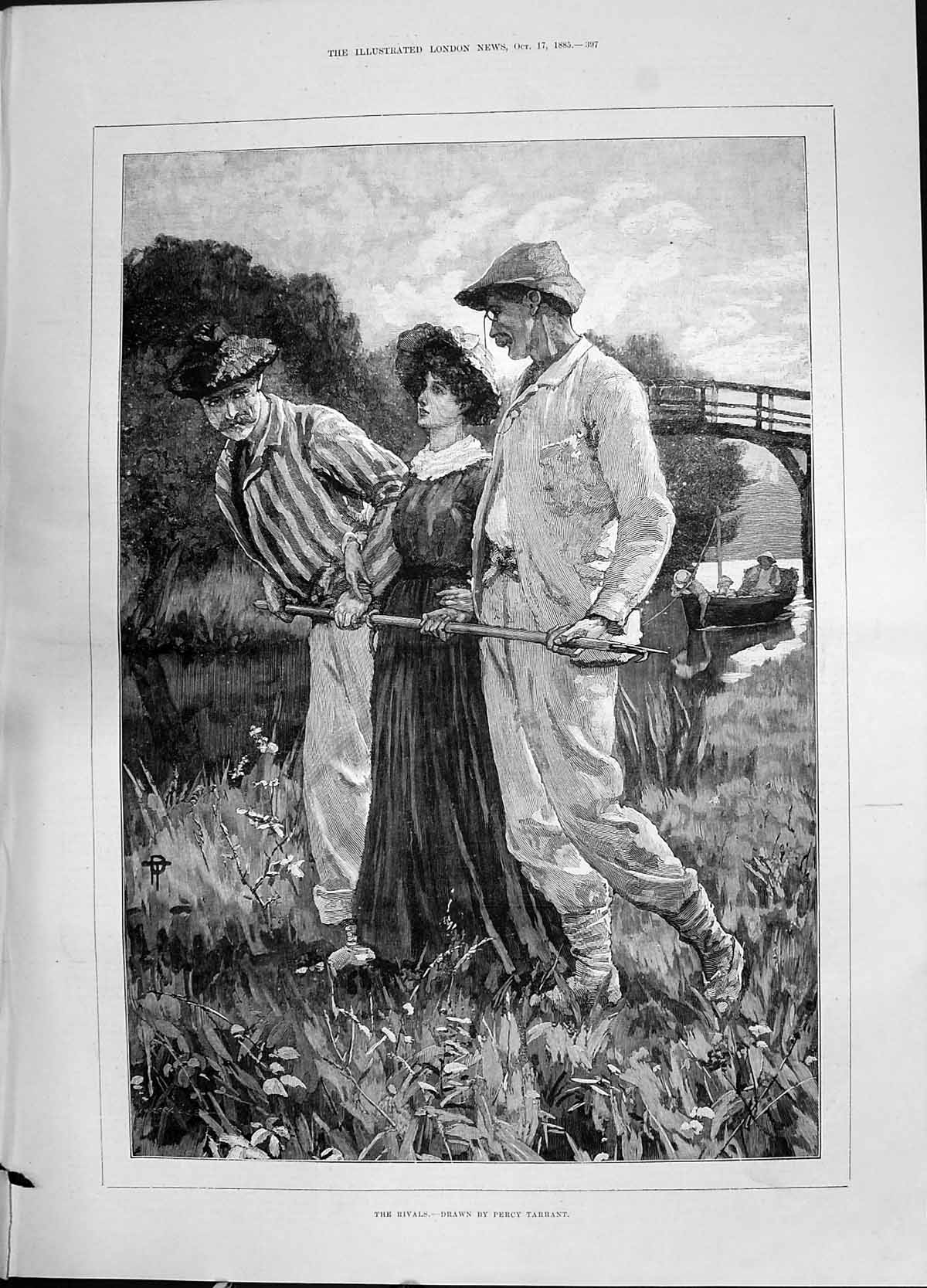 Original Old Antique Print 1885 Rivals Lady Romance River Boat Percy Tarrant