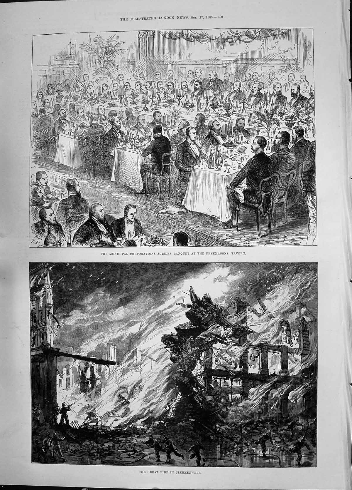 Old 1885 Fire Clerkenwell Municipal Jubilee Banquet Freemasons Tavern Victorian